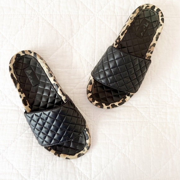 APL Shoes - APL Lusso Black Quilted Napa Leather Slide Sandals Leopard Trim Size 8